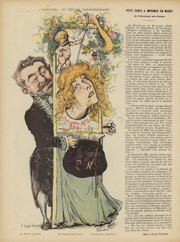 Produção de Henri Lavetans tocar Varennes no Teatro Sarah Bernhardt. Ilustração para Le Rire de Charles Leandre