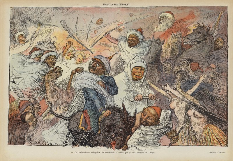 Sátira sobre a visita do Kaiser Wilhelm II a Tânger em 1905. Ilustração para Le Rire de Charles Leandre