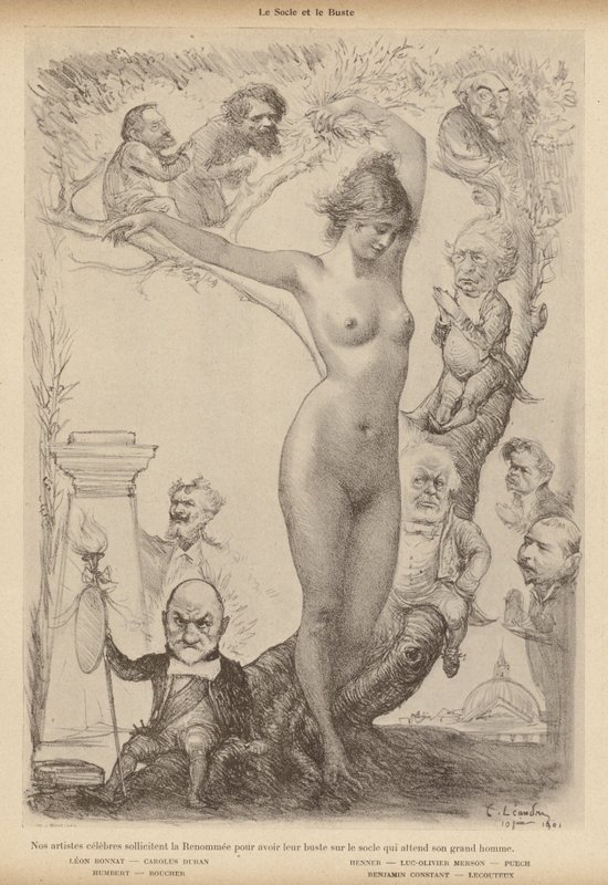 O Plinto e o Busto: famosos artistas franceses pedindo fama pelo direito de ocupar o plinto vazio esperando o busto de um grande homem (litho) de Charles Leandre