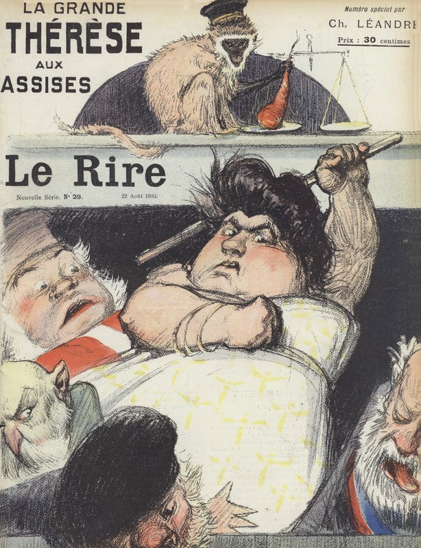 O julgamento do notório fraudador Therese Humbert. Ilustração para Le Rire de Charles Leandre
