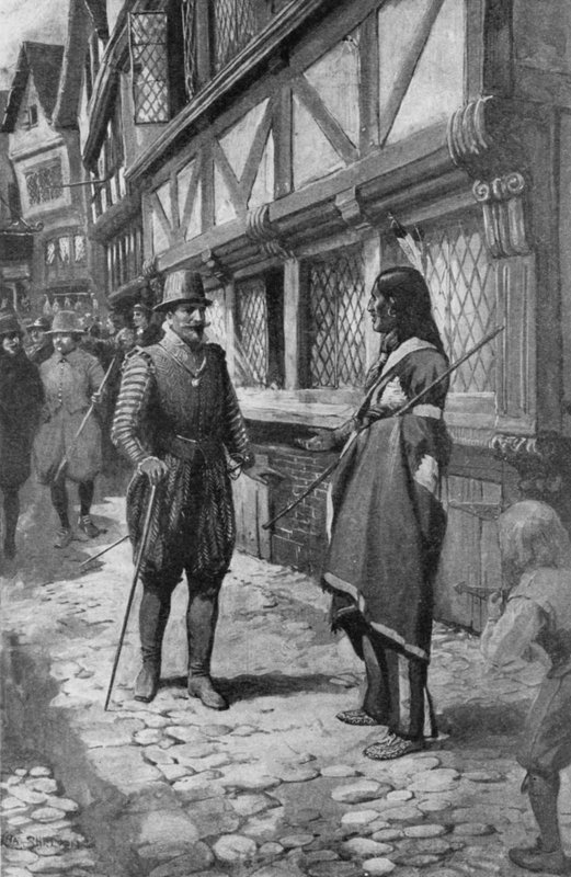 Capitão John Smith conhece um amigo índio vermelho da Virgínia enquanto dá um passeio pelo The Strand em Londres (litho) de Charles Mills (after) Sheldon