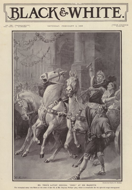 O actor inglês Herbert Beerbohm Tree protagoniza uma produção da peça Nero de Stephen Phillips no Teatro de Sua Majestade, Londres (litho) de Charles Mills (after) Sheldon