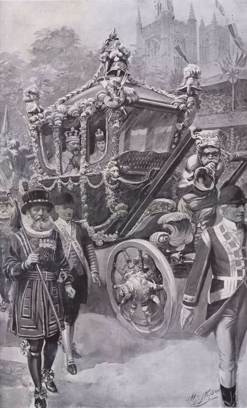O Rei Eduardo VII e a Rainha Alexandra, no Treinador do Estado, regressam da sua coroação na Abadia de Westminster, Londres de Charles Mills (after) Sheldon