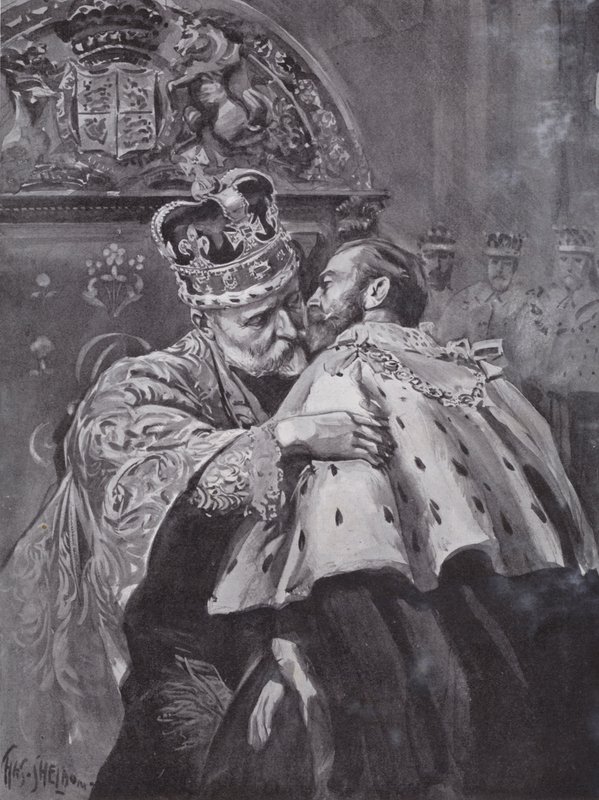 Rei Eduardo VII abraçando seu filho, o Príncipe de Gales, na coroação do rei, Abadia de Westminster, Londres de Charles Mills (after) Sheldon