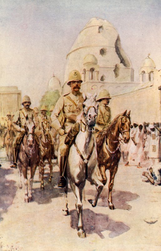 Lord Kitchener a entrar em Omdurman depois da batalha (litografia a cores) de Charles Mills (after) Sheldon