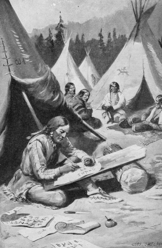 Sequoya a trabalhar o seu alfabeto (litho) de Charles Mills (after) Sheldon