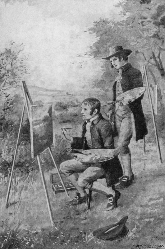 O canalizador da aldeia a ajudar um jovem John Constable a pintar uma cena em Suffolk (litho) de Charles Mills (after) Sheldon