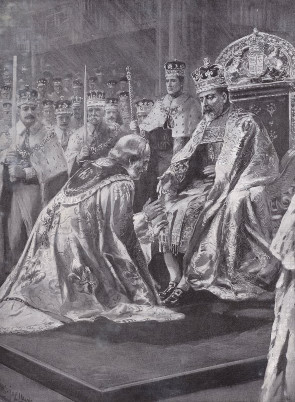 Homenagem do Arcebispo de Canterbury na coroação do Rei Eduardo VII, Abadia de Westminster, Londres, 1902 de Charles Mills after Sheldon