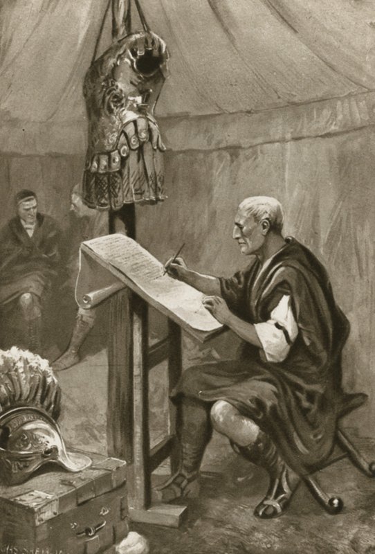 Julius Caear escrevendo para casa uma carta para Roma de sua tenda em Kent de Charles Mills after Sheldon