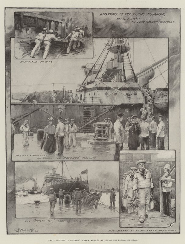 Atividade naval em Portsmouth Dockyard, partida do esquadrão voador (litografia) de Charles Murray (after) Padday