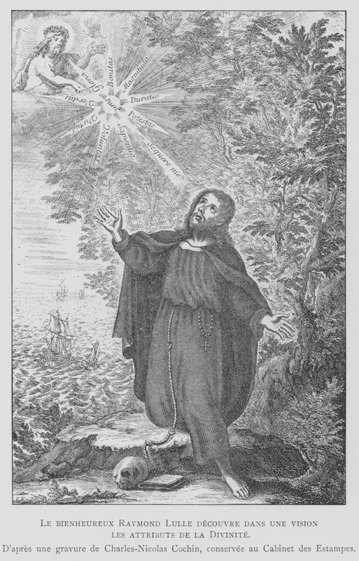 O filósofo espanhol Ramon Llull descobrindo os atributos da divindade em uma visão (litho) de Charles Nicolas II (after) Cochin