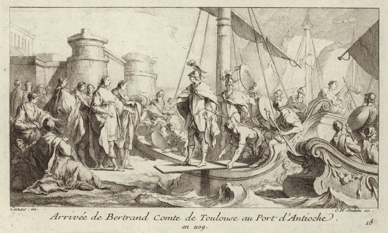 Chegada de Bertrand, Conde de Toulouse, ao porto de Antioquia, para retomar o seu domínio do Condado de Trípoli. de Charles Nicolas II Cochin