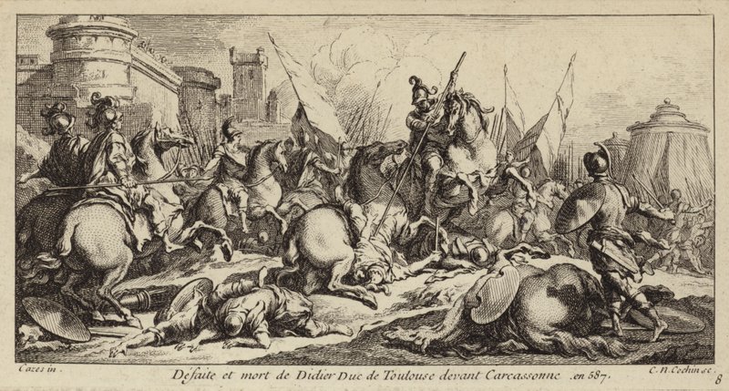 Derrota e morte de Didier de Toulouse diante de Carcassonne, 587 (gravura) de Charles Nicolas II Cochin
