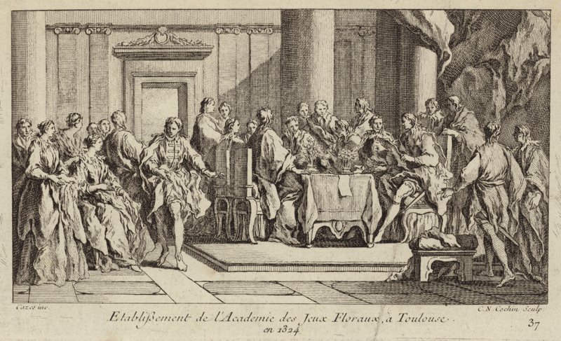 Criação da Academie des Jeux Floraux, a mais antiga sociedade literária do mundo ocidental, Toulouse, França. de Charles Nicolas II Cochin