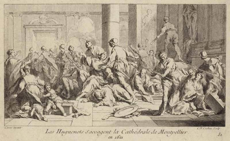 Os huguenotes saqueando a catedral de Montpellier, França, 1621 de Charles Nicolas II Cochin