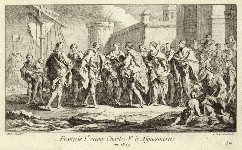 O Rei Francisco I de França recebe o Imperador Carlos V em Aigues-Mortes de Charles Nicolas II Cochin