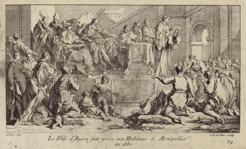 Luís I, Duque de Anjou, regente do Rei Carlos VI de França, dando graças ao povo de Montpellier de Charles Nicolas II Cochin