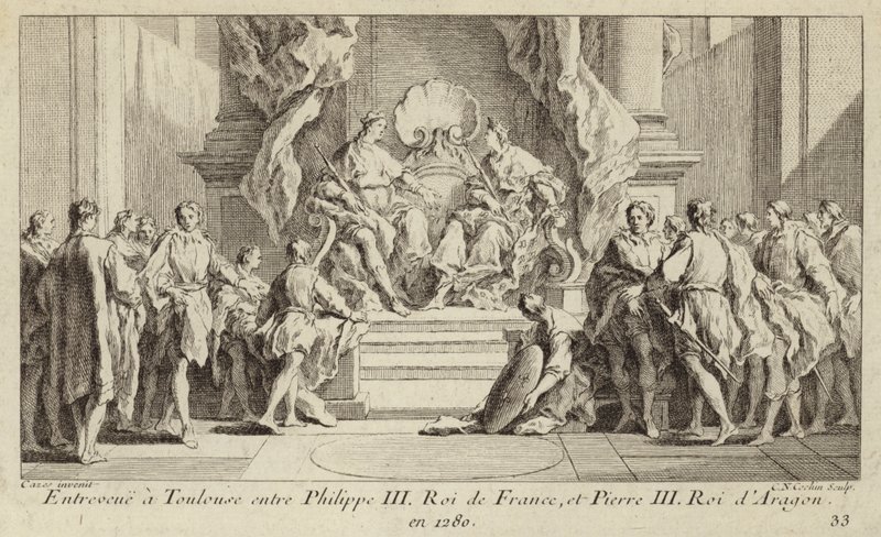 Encontro em Toulouse entre o Rei Filipe III de França e o Rei Pedro III de Aragão de Charles Nicolas II Cochin