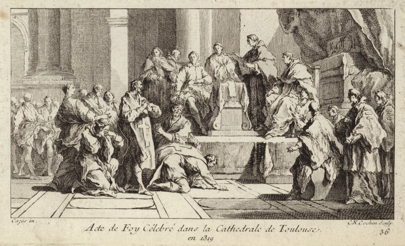 Cátaros arrependidos declaram a sua fé na religião católica na Catedral de Toulouse, França de Charles Nicolas II Cochin