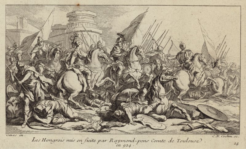 O exército húngaro posto a voar por Raymond Pons, Conde de Toulouse, 924 (gravura) de Charles Nicolas II Cochin