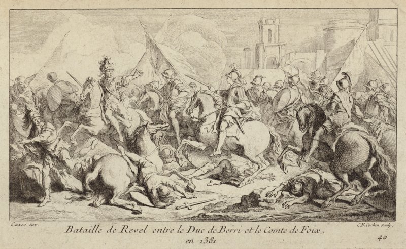 Os exércitos do Duque de Berry e do Conde de Foix lutando na Batalha de Apocalipse, França de Charles Nicolas II Cochin