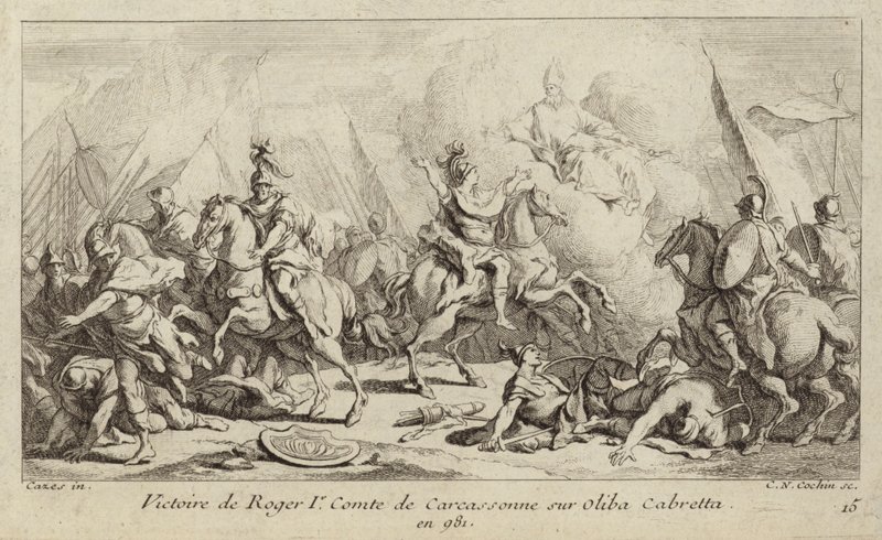 Vitória de Roger I, Conde de Carcassonne, sobre Oliba Cabreta, 981 (gravura) de Charles Nicolas II Cochin