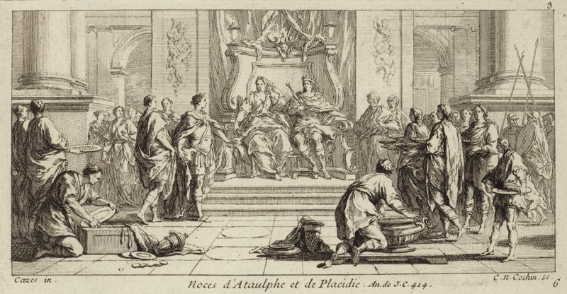 Casamento de Galla Placidia e Ataulf, Rei dos Visigodos, Narbonne, 414 (gravura) de Charles Nicolas II Cochin