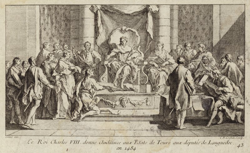 a Charles VIII da França dando uma audiência para os deputados do Languedoc no Estates General in Tours de Charles Nicolas II Cochin