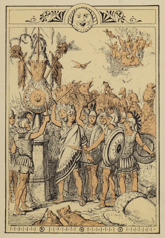 Histórias de Lucian: O Povo da Lua surpreendido pelos Centauros das Nuvens (lito colorido) de Charles Oliver Murray