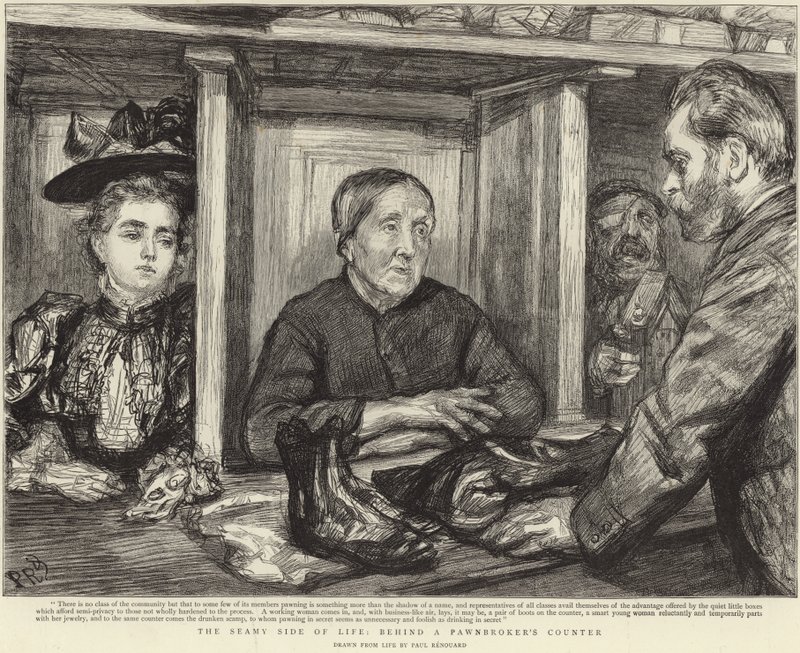 Atrás do balcão de uma casa de penhores (litho) de Charles Paul (after) Renouard