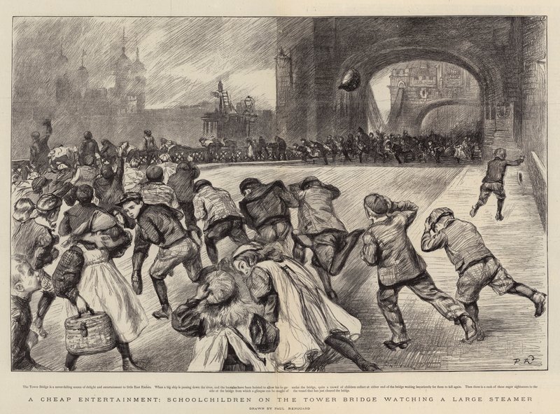 Um entretenimento barato, Crianças em idade escolar na ponte da torre assistindo a um grande navio de Charles Paul Renouard