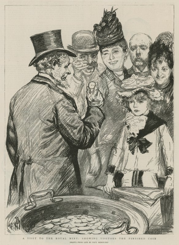 Uma visita à Casa da Moeda Real; mostrando aos visitantes a moeda acabada (gravura) de Charles Paul Renouard