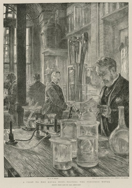 Uma visita à Casa da Moeda Real; teste do metal precioso (gravura) de Charles Paul Renouard