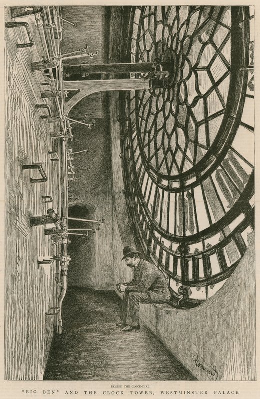 Atrás do mostrador de relógio, o Big Ben e a Torre do Relógio, o Palácio de Westminster de Charles Paul Renouard