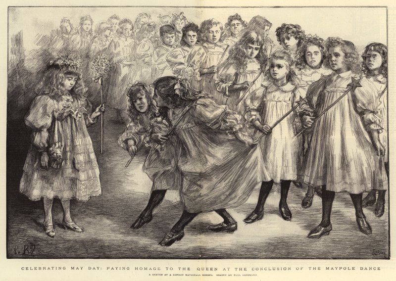 Comemorando o dia de maio, homenageando a rainha na conclusão da dança Maypole de Charles Paul Renouard