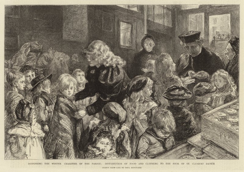 Dispensando as caridades de inverno da paróquia, distribuição de alimentos e roupas para os pobres de St Clement Dane de Charles Paul Renouard
