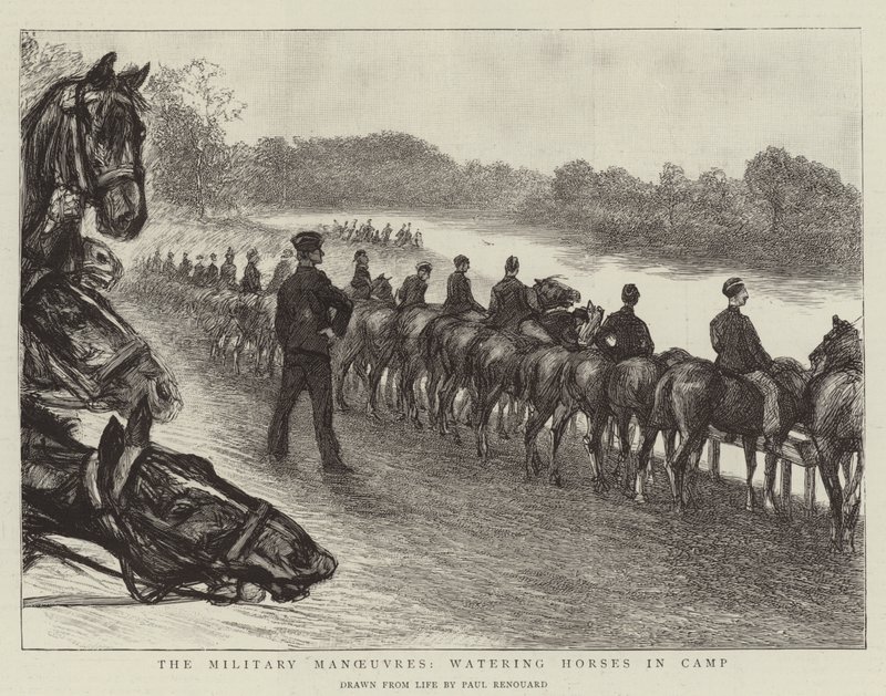 As manobras militares, regando cavalos no acampamento de Charles Paul Renouard