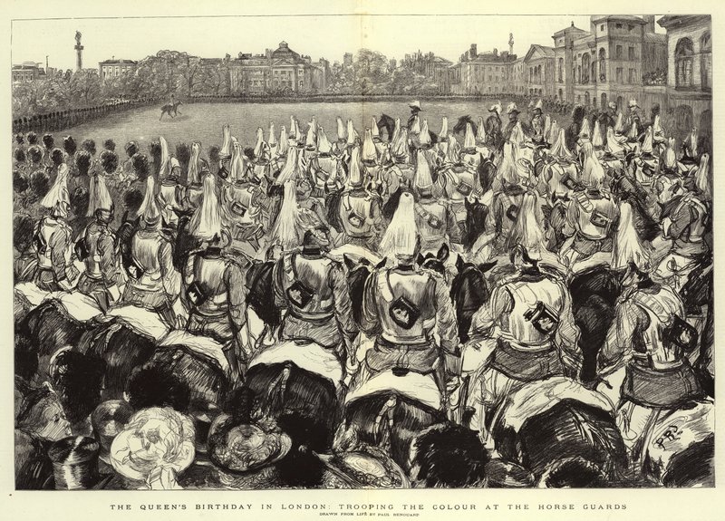 O aniversário da rainha em Londres, agrupando a cor nos guardas de cavalo de Charles Paul Renouard