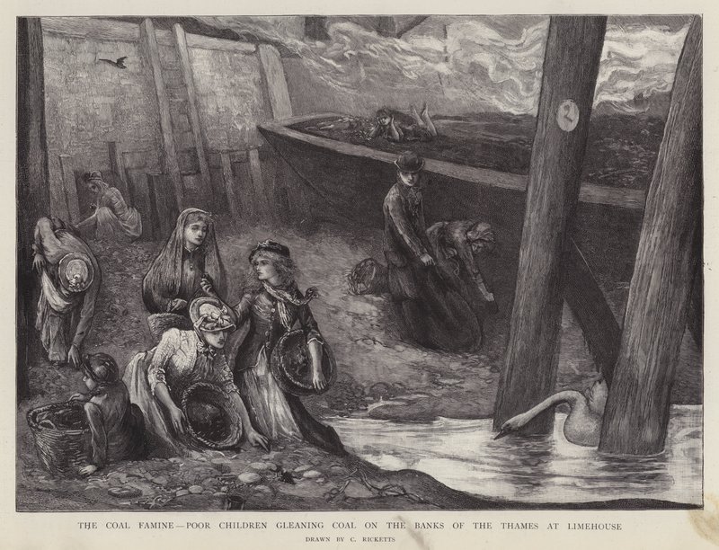 Crianças pobres a colherem pedaços de carvão das margens do Tamisa, em Limehouse, Londres (litho) de Charles Ricketts