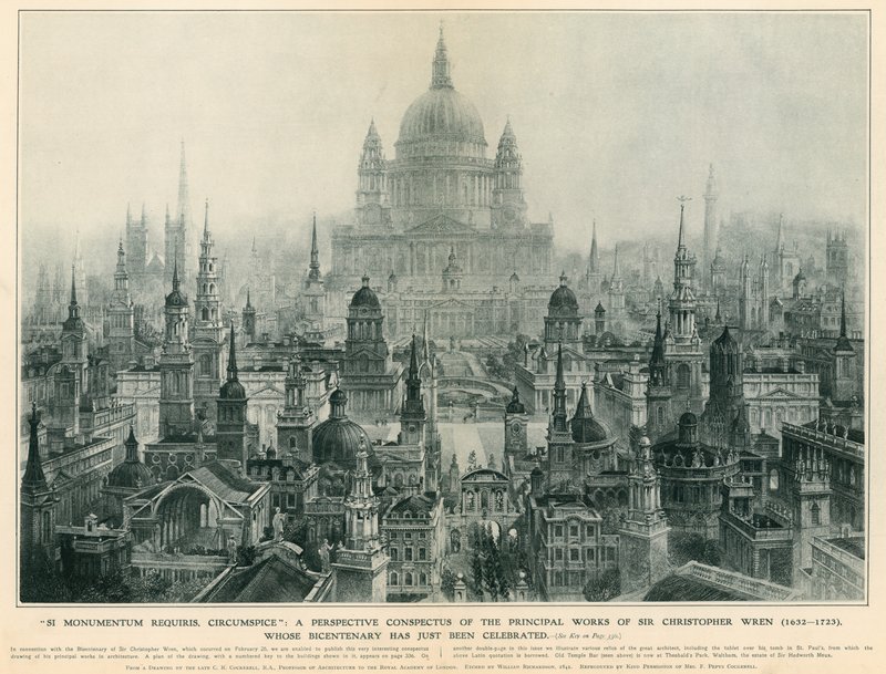Uma perspectiva conspectus das principais obras de Sir Christopher Wren de Charles Robert Cockerell