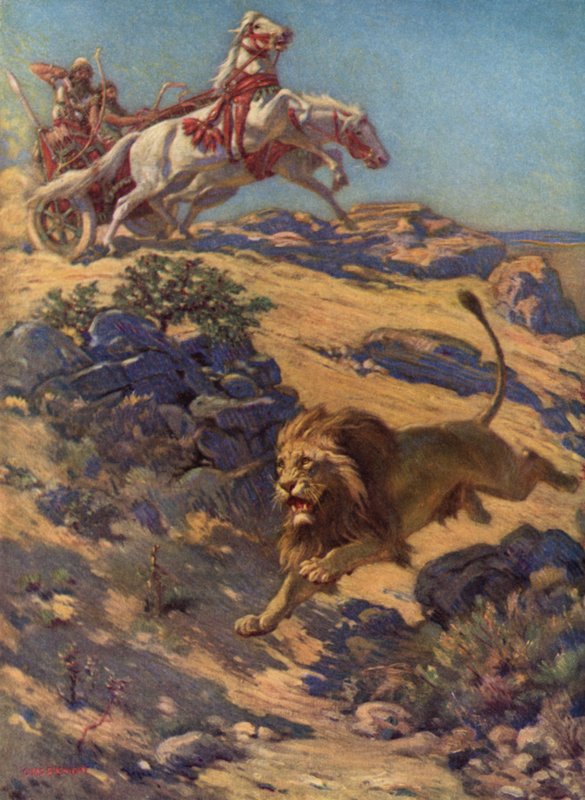 Caça ao leão na antiga Assíria (litografia a cores) de Charles Robert Knight