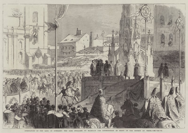 Coroação do rei da Hungria, o rei jurando manter a Constituição na frente da igreja em Pesth de Sir John Charles Robinson