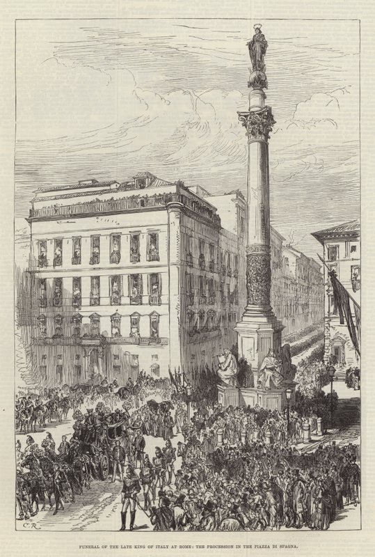 Funeral do falecido rei da Itália em Roma, a procissão na Piazza di Spagna de Sir John Charles Robinson