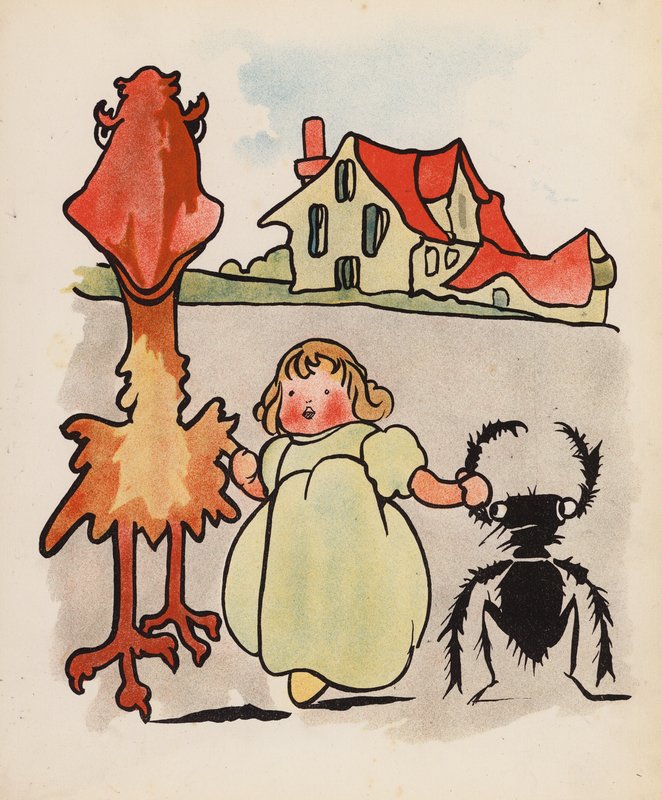 Disparate: Bebé, pássaro e escaravelho a passear (litografia a cores) de Charles Robinson