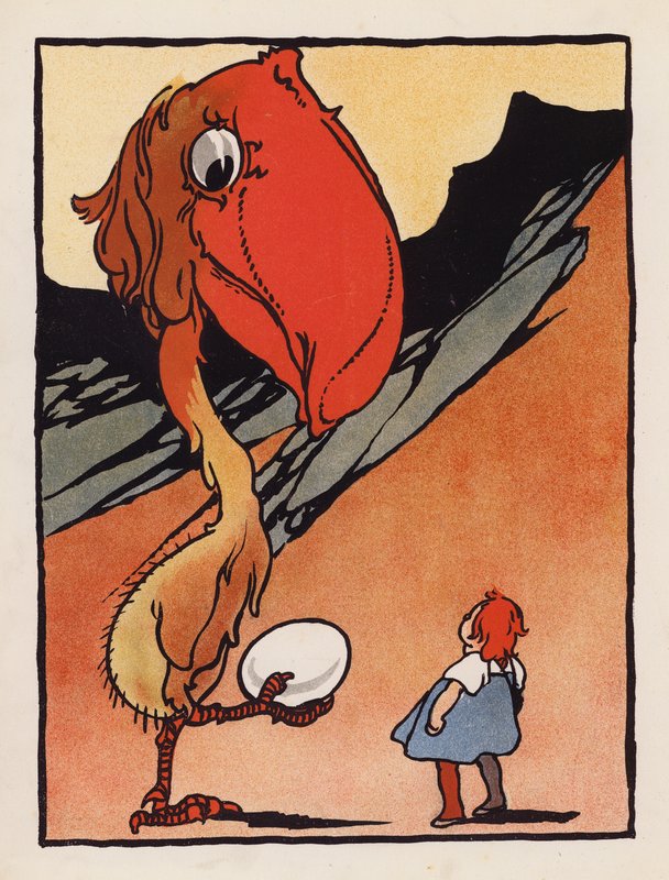Disparate: Rapaz com um pássaro estranho a segurar um ovo (litografia a cores) de Charles Robinson