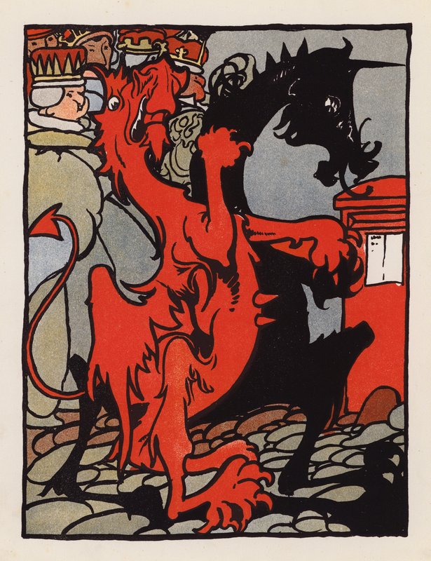 Disparate: figura heráldica a passear na rua com reis (litografia a cores) de Charles Robinson