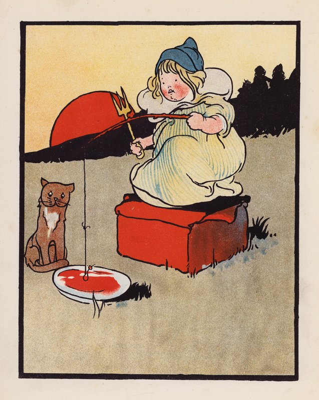 Disparate: Criança a pescar num prato (litografia a cores) de Charles Robinson