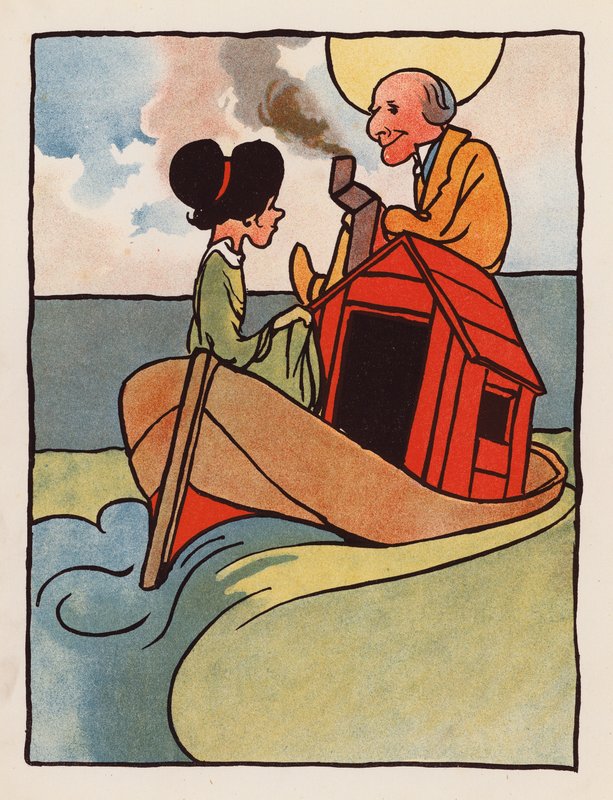 Disparates: Homem idoso e a sua filha em casa num barco (litografia a cores) de Charles Robinson