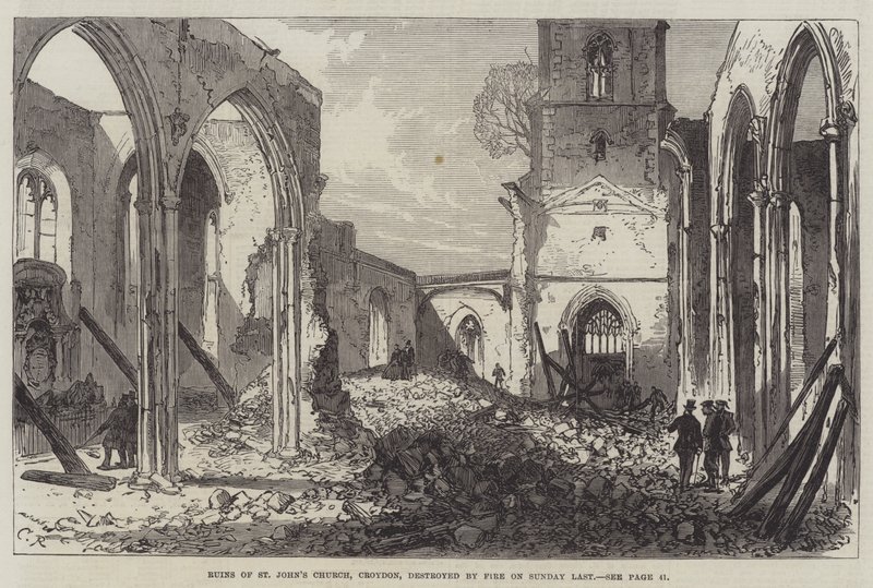 Ruínas da Igreja de São João, Croydon, destruídas pelo fogo no último domingo de Sir John Charles Robinson