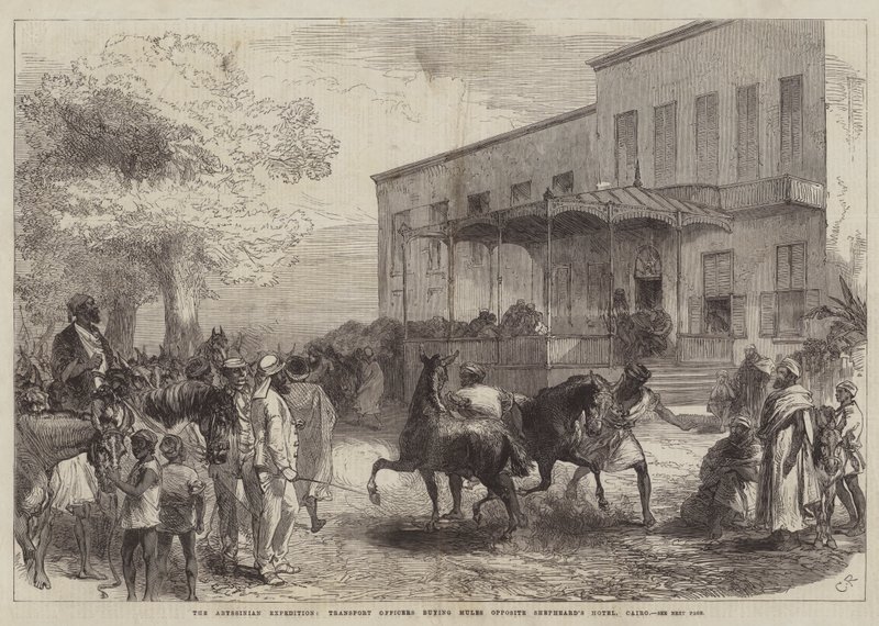 A expedição abissínia, agentes de transporte comprando mulas em frente ao Shepheard&39;s Hotel, Cairo de Sir John Charles Robinson